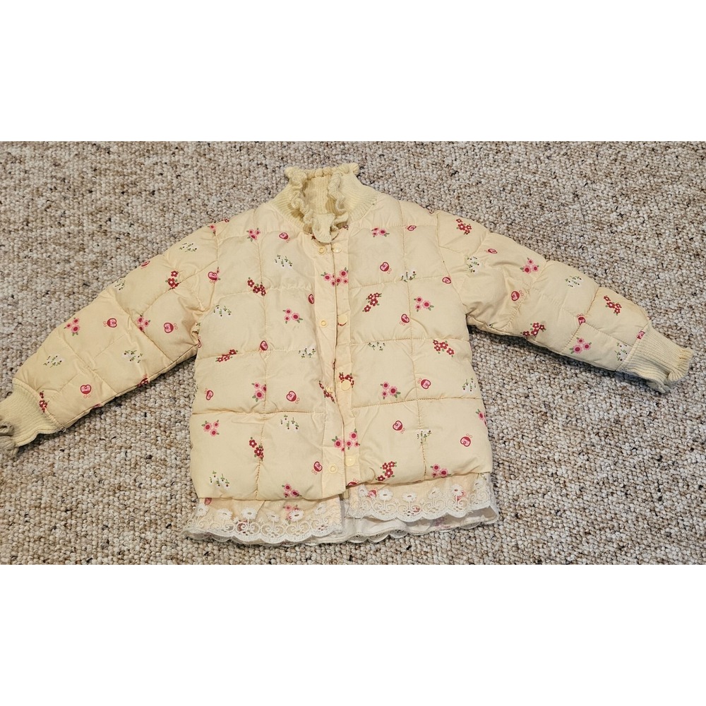 Floral Puffer Jacket with Lace Trim Detail Girls Cute Coat